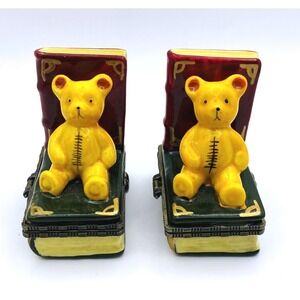 Vintage Teddy Bear Book End Treasure Trinket Boxes Mini Ceramic Hinged Lot of 2